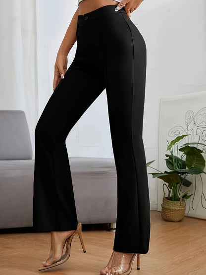 vlovelaw  Solid Color Straight Leg Pants, Elegant High Waist Pockets Pants For Spring & Fall, Women's Clothing