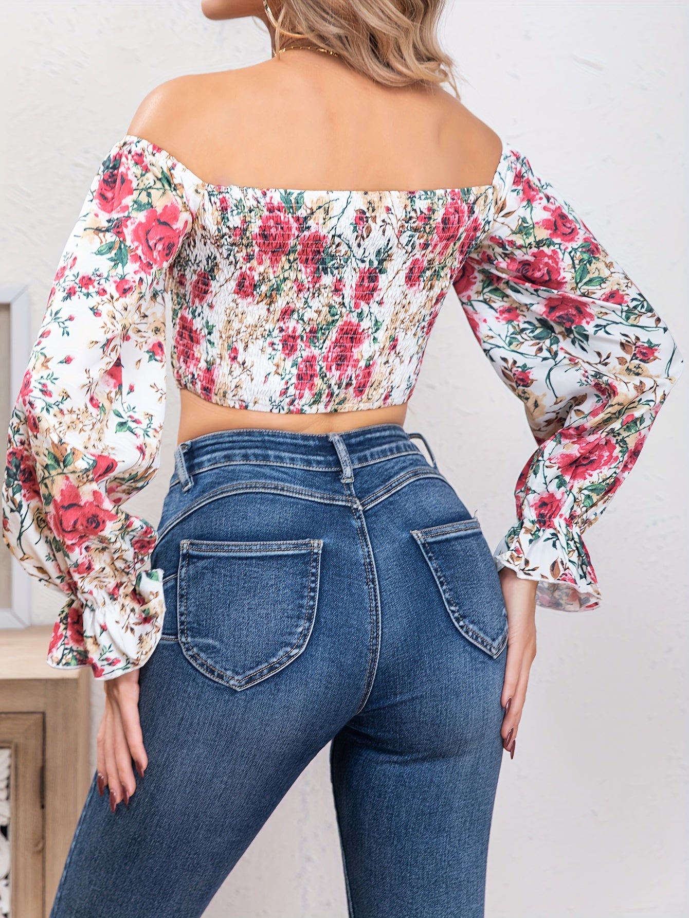 Floral Print Cold Shoulder Crop Blouse, Casual Long Sleeve Blouse For Spring & Fall, Women's Clothing