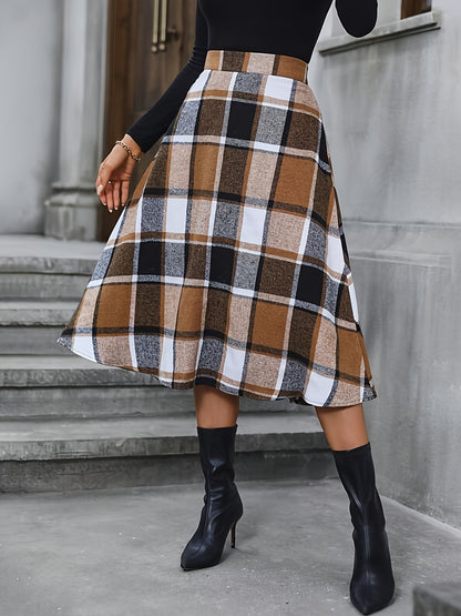 vlovelaw Plaid Print High Waist Flared Skirt, Elegant Midi Skirt For Spring & Fall, Women's Clothing