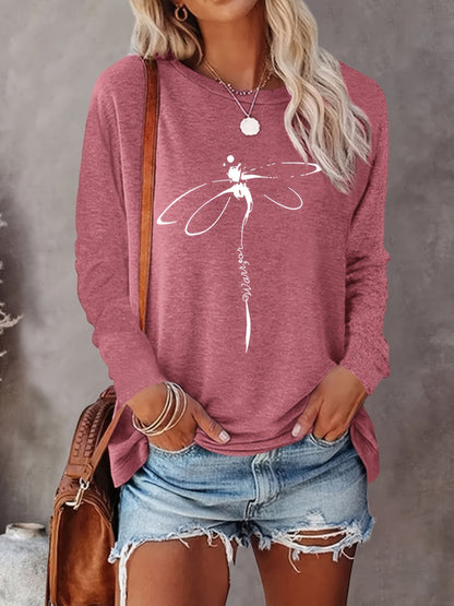 vlovelaw Dragonfly Print Crew Neck Pullover Sweatshirt, Casual Long Sleeve Sweatshirt For Spring & Fall, Women's Clothing