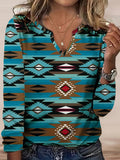 Aztec Print Notched Neck T-shirt, Boho Long Sleeve Ethnic T-shirt, Women's Clothing