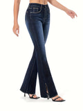 vlovelaw  Slant Pockets Washed Flare Jeans, Mid-Stretch Versatile Bell Bottom Jeans, Women's Denim Jeans & Clothing