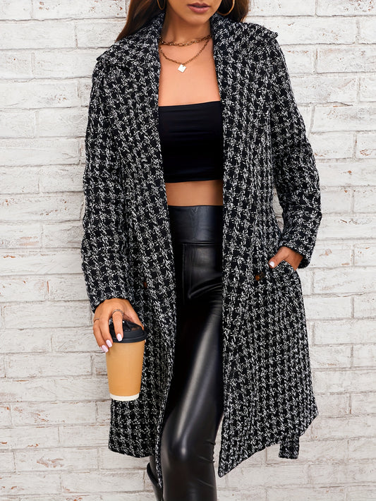 Houndstooth Pattern Double Breasted Overcoat, Elegant Lapel Long Sleeve Outerwear, Women's Clothing