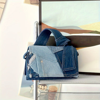 vlovelaw Denim Stitching Handbag For Women, Vintage Crossbody Bag, Mini Patchwork Clutch Purse