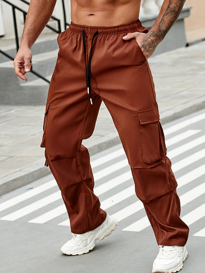 vlovelaw  Solid Men's Chic Daily Cargo Pants With Big Pockets And Drawstring, All Seasons Outdoor Pants