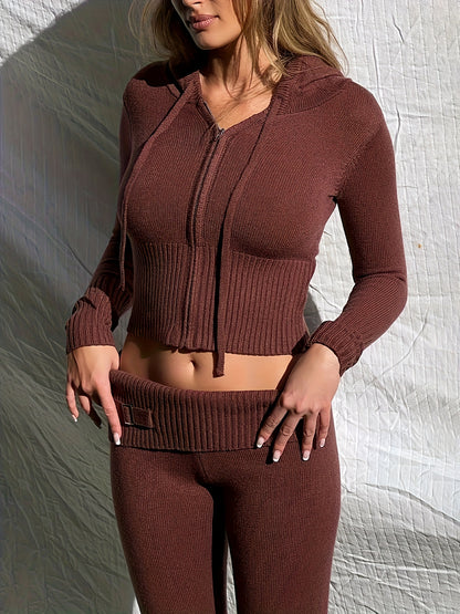 vlovelaw  Y2K Knitted Two-piece Set, Hooded Zipper Cardigan & High Waist Pants Outfits, Women's Clothing