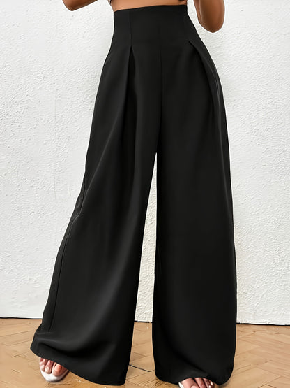 Plus Size Solid Pleated Wide Leg Pants, Casual High Waist Pants, Women's Plus Size Clothing