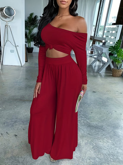 vlovelaw Casual Solid Two-piece Set, Long Sleeve Crop Top & Wide Leg Pants Outfits, Women's Clothing