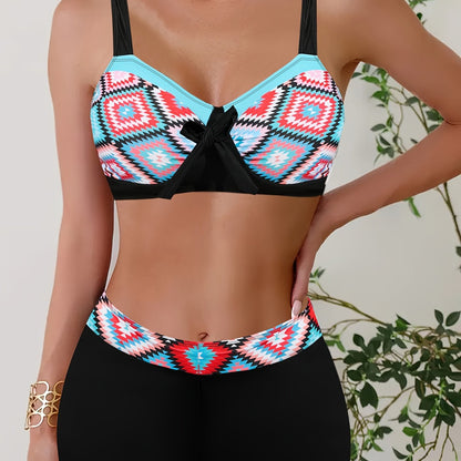 vlovelaw  Random Print Bikini Sets, V Neck Contrast Trim Bow Tie Front High Waist Boxer Short Bottom Two Pieces Swimsuit, Women's Swimwear & Clothing