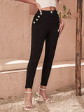 vlovelaw  Solid Button High Waist Pants, Elegant Skinny Pants For Spring & Fall, Women's Clothing