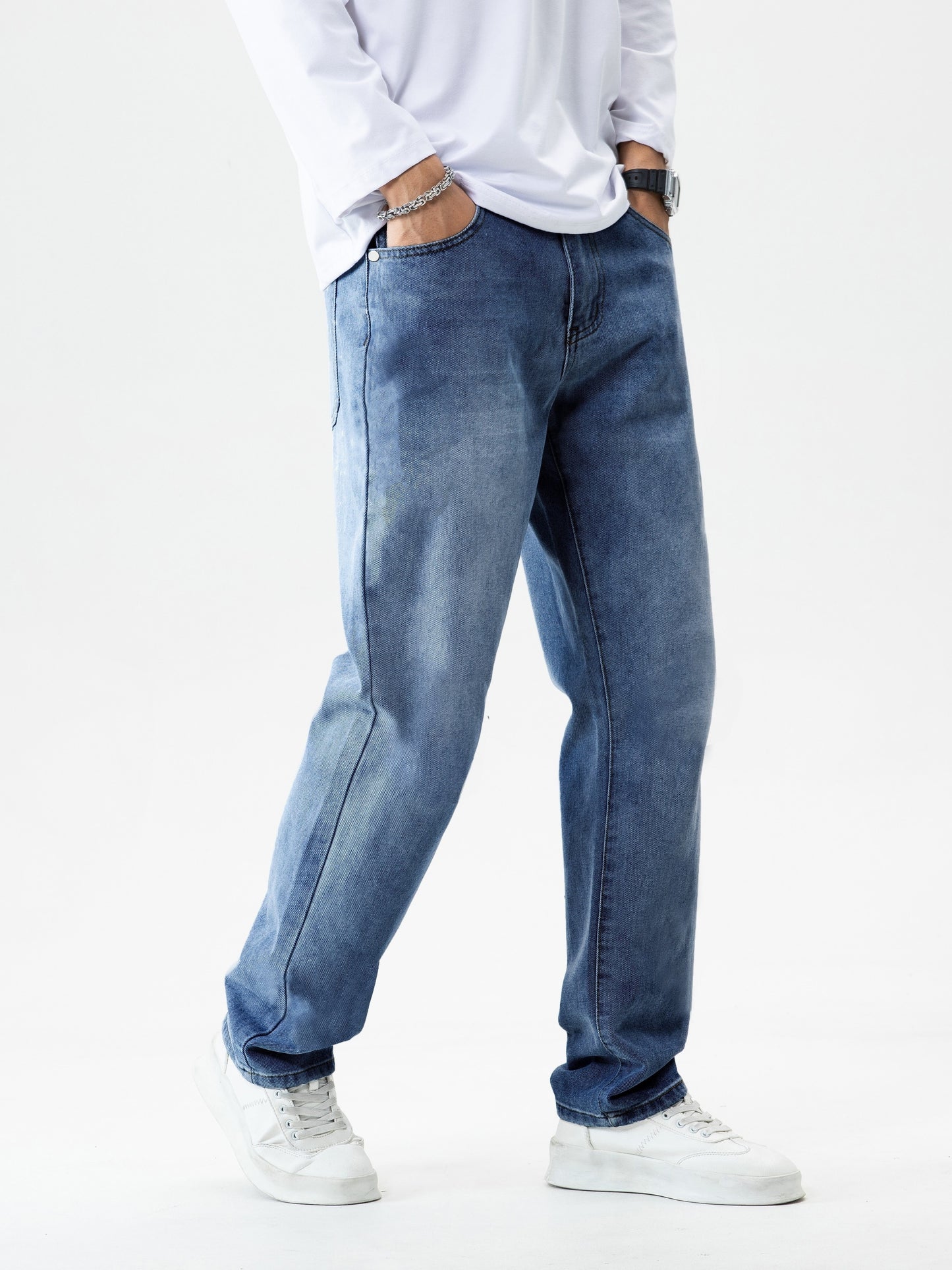 vlovelawLoose Fit Distressed Jeans, Men's Casual Street Style Denim Pants