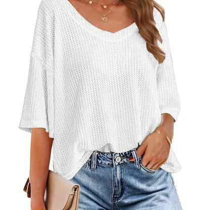 vlovelaw Solid Elegant V Neck T-Shirt, Drop Shoulder Casual Top For Summer & Spring, Women's Clothing