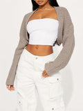 vlovelaw  Solid Open Front Knit Cardigan, Casual Long Sleeve Crop Sweater For Spring & Fall, Women's Clothing