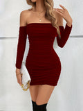 vlovelaw  Solid Off Shoulder Long Sleeve Ruffled Dress, Sexy Elegant Bag Hip Mini Dress, Women's Clothing