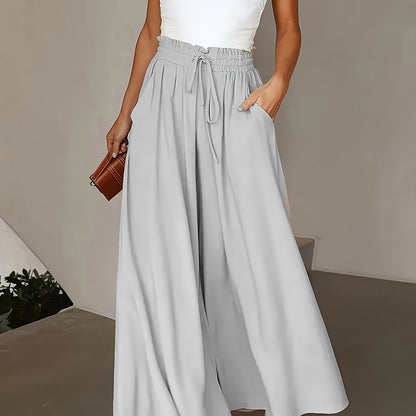 vlovelaw  Plus Size Casual Pants, Women's Plus Solid Shirred Tie Waist Wide Leg Loose Trousers With Pockets