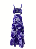 vlovelaw  Floral Print Two-piece Skirt Set, Crop Tank Top & Layered Skirt Outfits, Women's Clothing