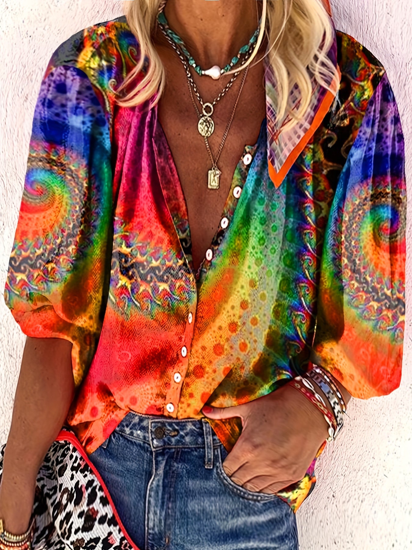 Plus Size Casual T-shirt, Women's Plus Tie Dye Three Quarter Sleeve Button Up Blouse