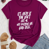 Plus Size Slogan Print Short Sleeve T-shirt, Women's Plus Slight Stretch Round Neck Casual T-shirt