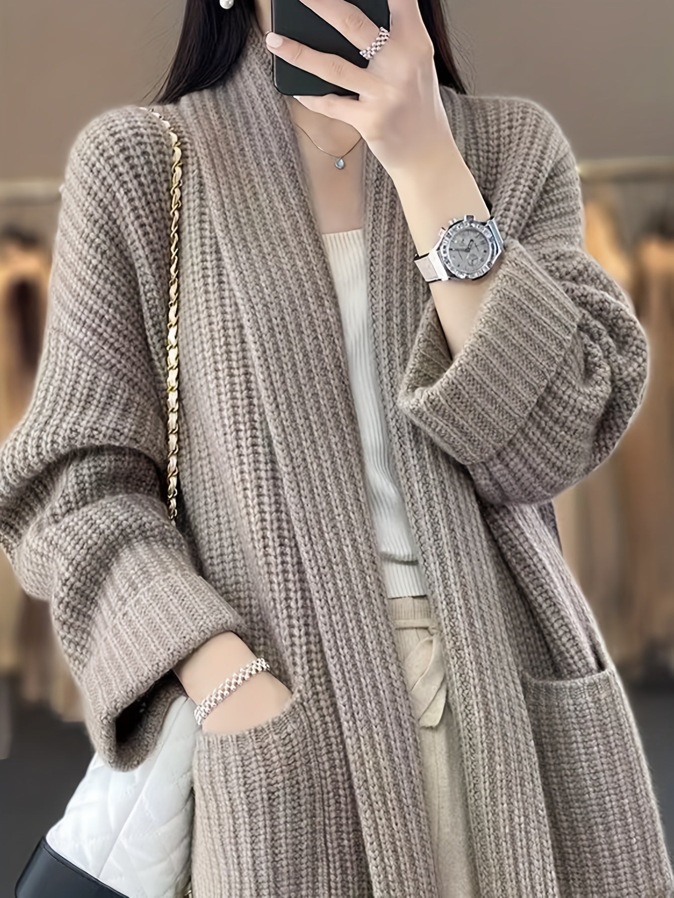 vlovelaw  Solid Open Front Knit Cardigan, Casual Long Sleeve Oversized Sweater Coat With Pocket, Women's Clothing