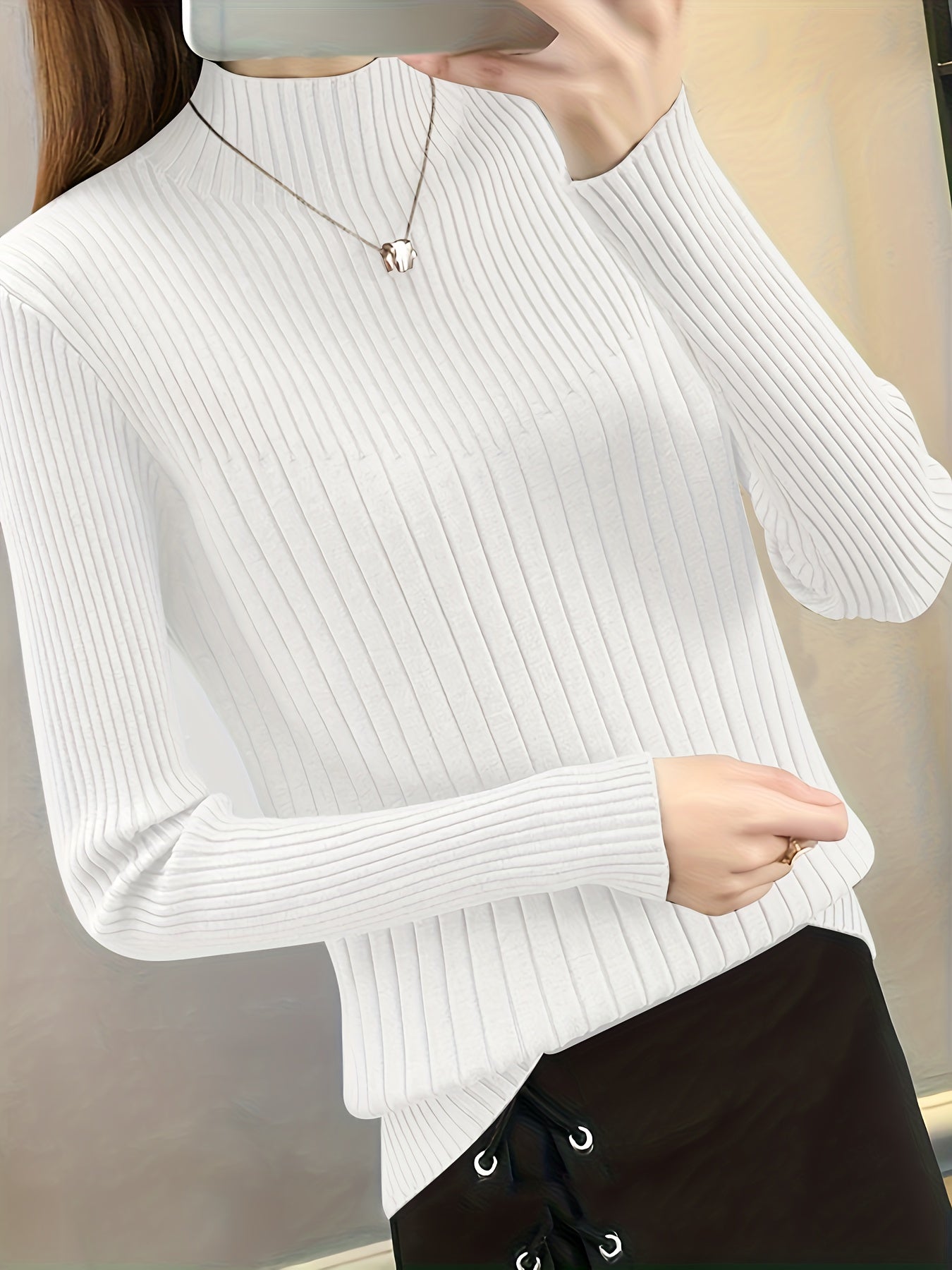 vlovelaw Solid Mock Neck Pullover Sweater, Casual Long Sleeve Slim Sweater, Women's Clothing