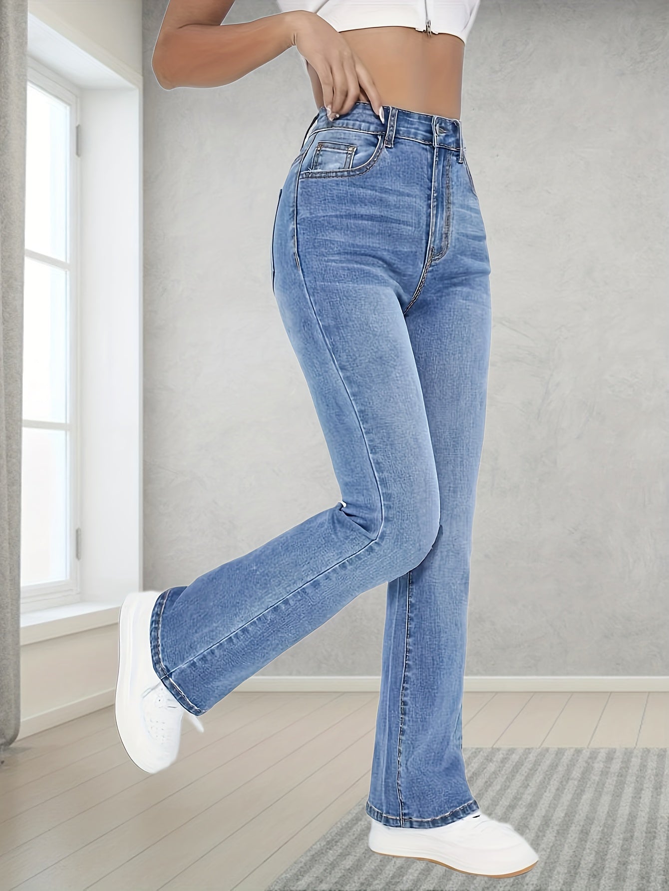 vlovelaw  Light Blue Casual Bootcut Jeans, Mid-Stretch Slant Pockets High Waist Denim Pants, Women's Denim Jeans & Clothing