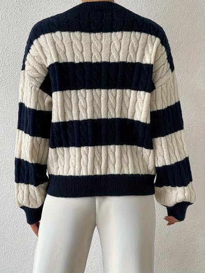 vlovelaw Color Block Cable Knit Sweater, Casual V Neck Long Sleeve Sweater, Women's Clothing