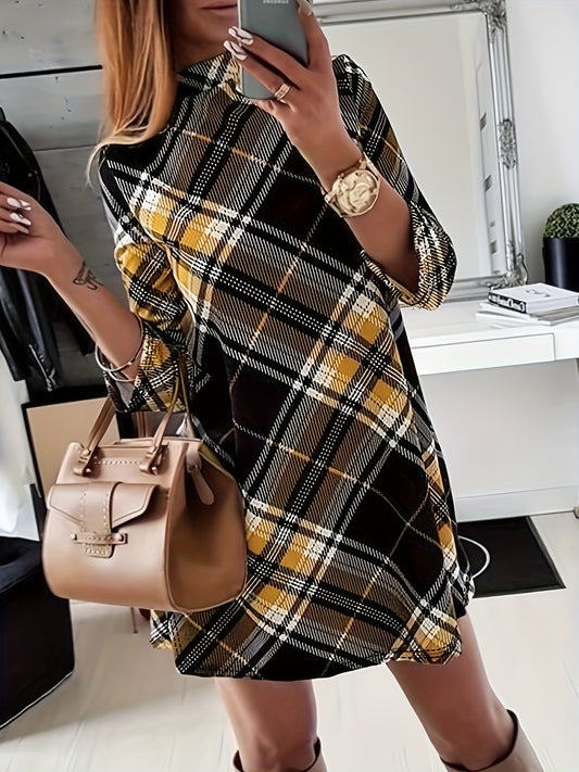 vlovelaw  Plaid Mock Neck Dress, Elegant Long Sleeve Dress For Spring & Fall, Women's Clothing