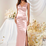 Solid V Neck Dress, Elegant Sleeveless Split Bodycon Dress For Party & Banquet, Women's Clothing