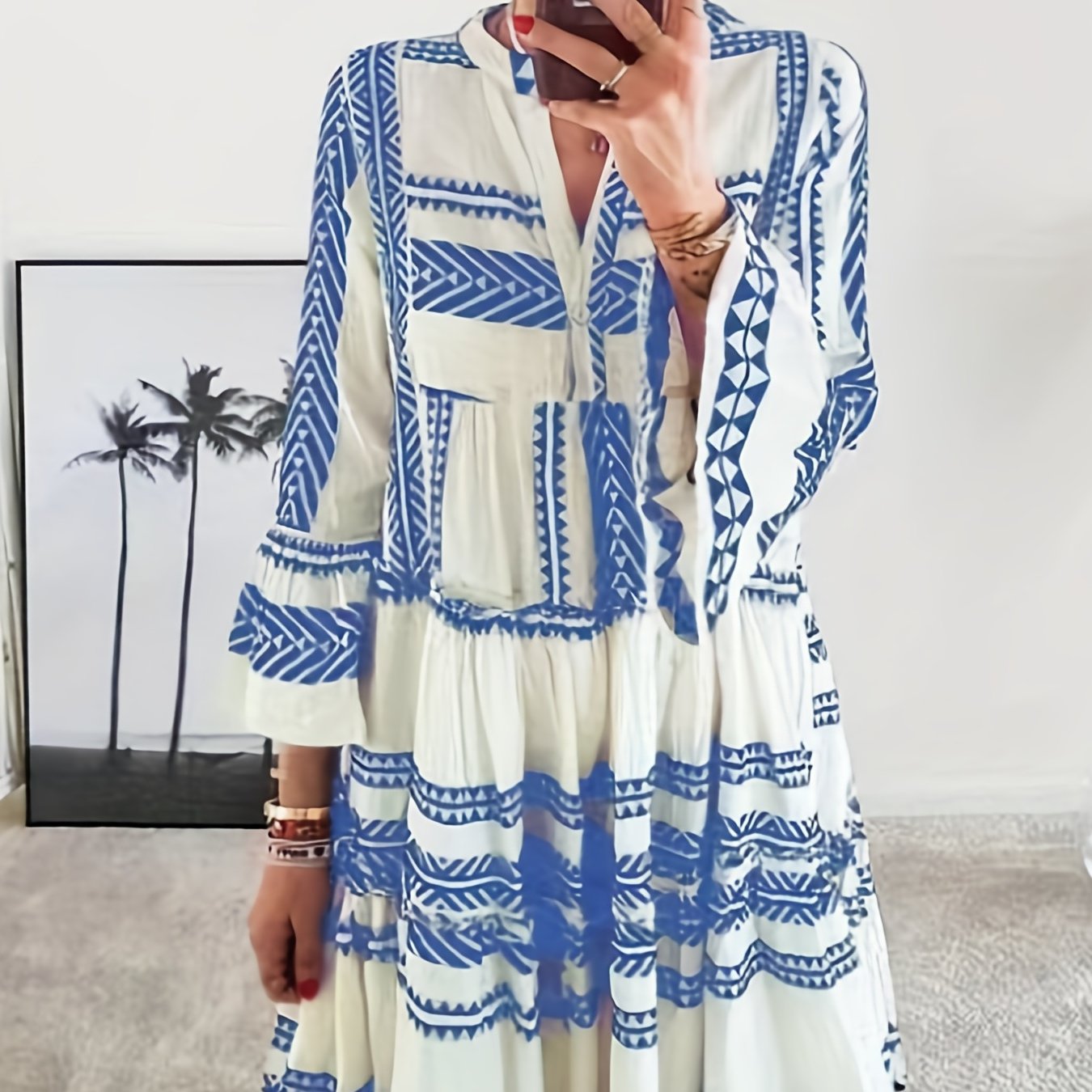 vlovelaw  Tribal Print Dress, Vacation Pleated Flared Sleeve Dress, Women's Clothing