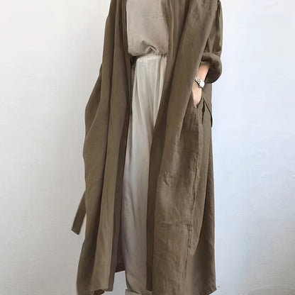 Solid Open Front Belted Overcoat, Versatile Long Sleeve Pockets Maxi Length Coat , Women's Clothing