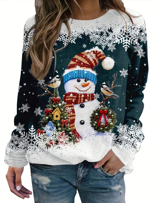 vlovelaw  Christmas Snowman Printed Warm Sports Sweatshirts, Long-sleeved Round Neck Casual Sports Pullover Tops For Winter And Autumn, Women's Sporty Sweatshirts