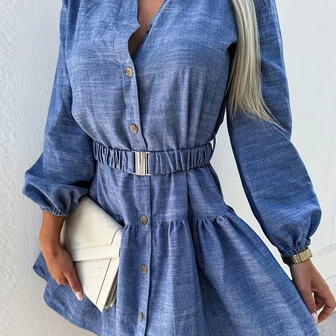 vlovelaw  Solid Button Decor Ruffle Hem Dress, Casual Long Sleeve Belted Dress, Women's Clothing