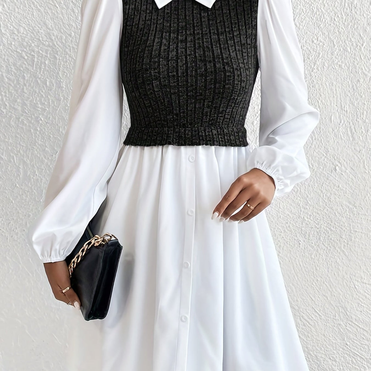 Button Front Stitching Knit Dress, Elegant Long Sleeve Collared Dress, Women's Clothing