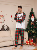 Men's Trendy Casual Christmas Pajamas Sets, Reindeer Plaid Graphic Print Long Sleeve Crew Neck Top & Loose Pants Lounge Wear