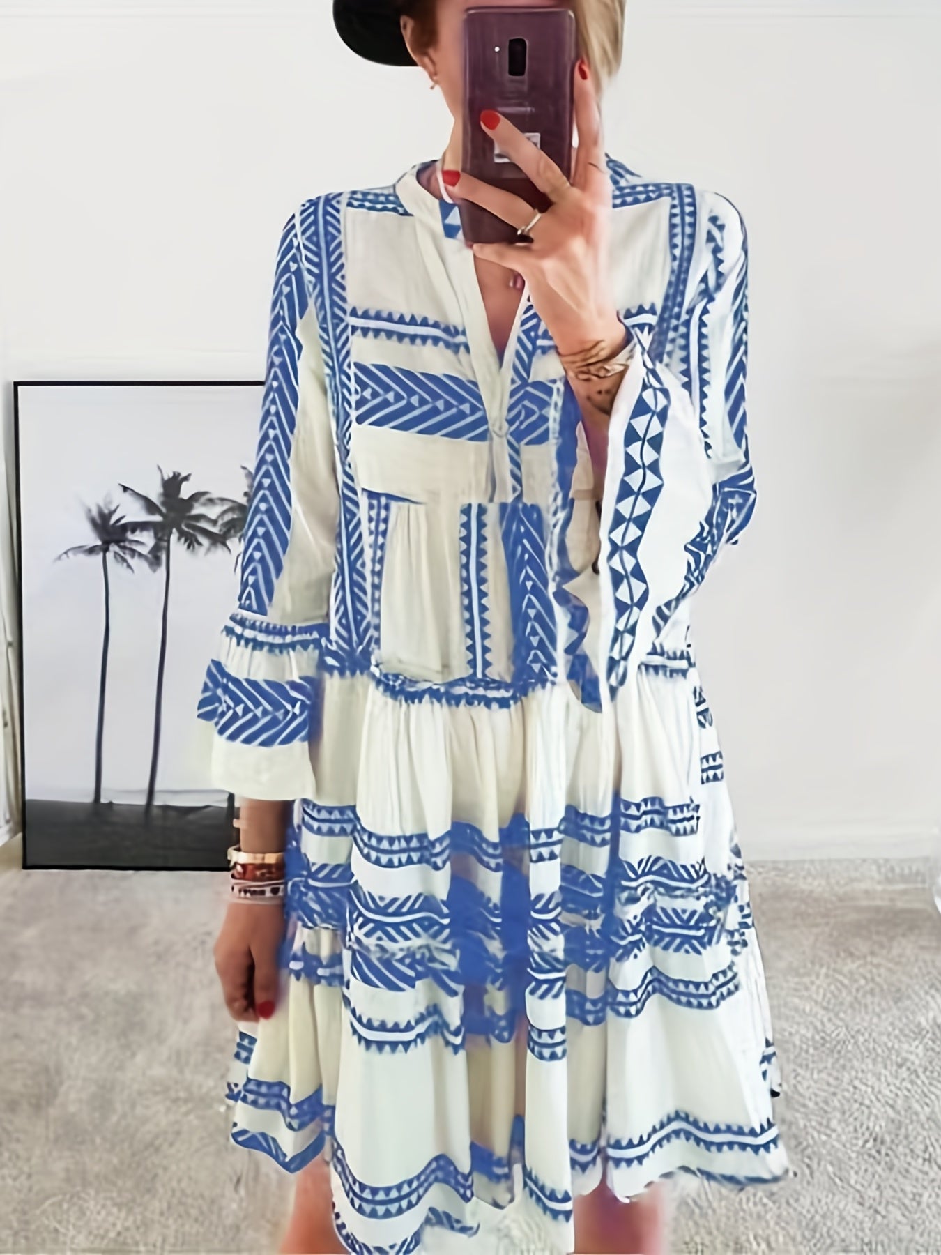 vlovelaw  Tribal Print Dress, Vacation Pleated Flared Sleeve Dress, Women's Clothing