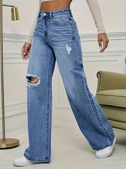 Loose Ripped Holes Wide Leg Jeans, Distressed Loose Denim Pants With Slant Pocket, Women's Denim Jeans & Clothing