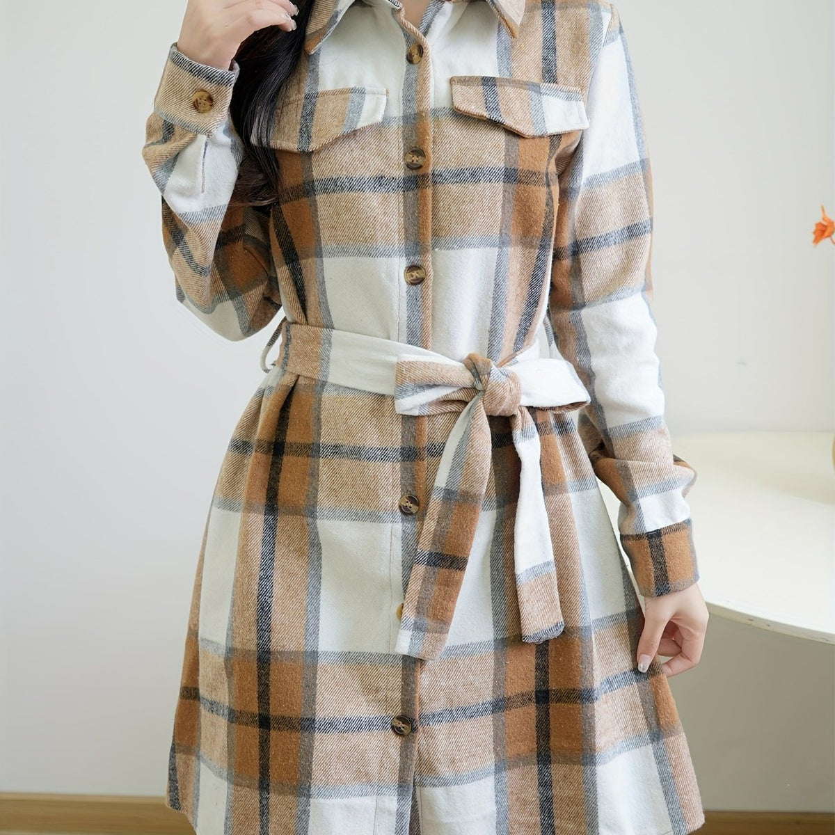 vlovelaw Plaid Print Long Length Shirt, Elegant Button Front Long Sleeve Shirt, Women's Clothing