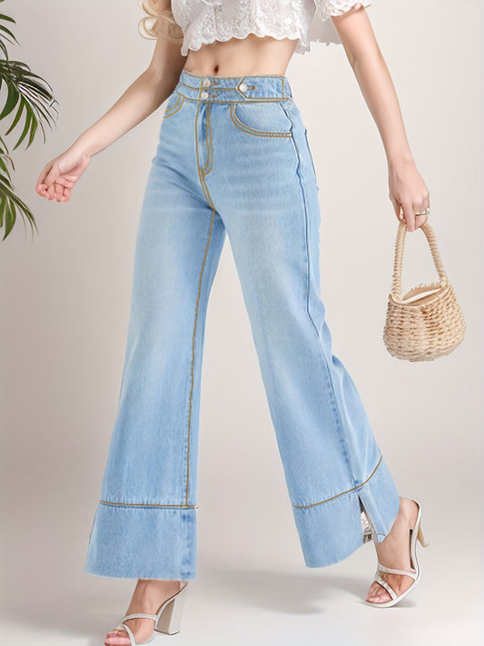 vlovelaw  High Waist Casual Baggy Jeans, Double Button High Stretch Wide Legs Jeans, Women's Denim Jeans & Clothing