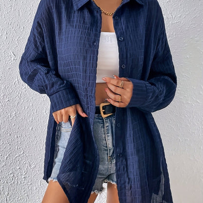 Solid Button Front Shirt, Casual Split Long Sleeve Collared Shirt, Women's Clothing