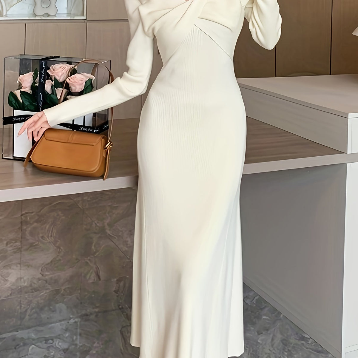 vlovelaw  Bodycon Halter Neck Dress, Elegant Long Sleeve Dress For Party & Banquet, Women's Clothing