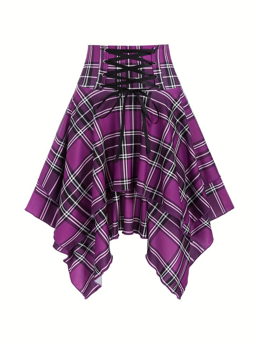 vlovelaw  Plaid Print Irregular Hem Skirt, Casual Tie Front High Waist Skirt, Women's Clothing