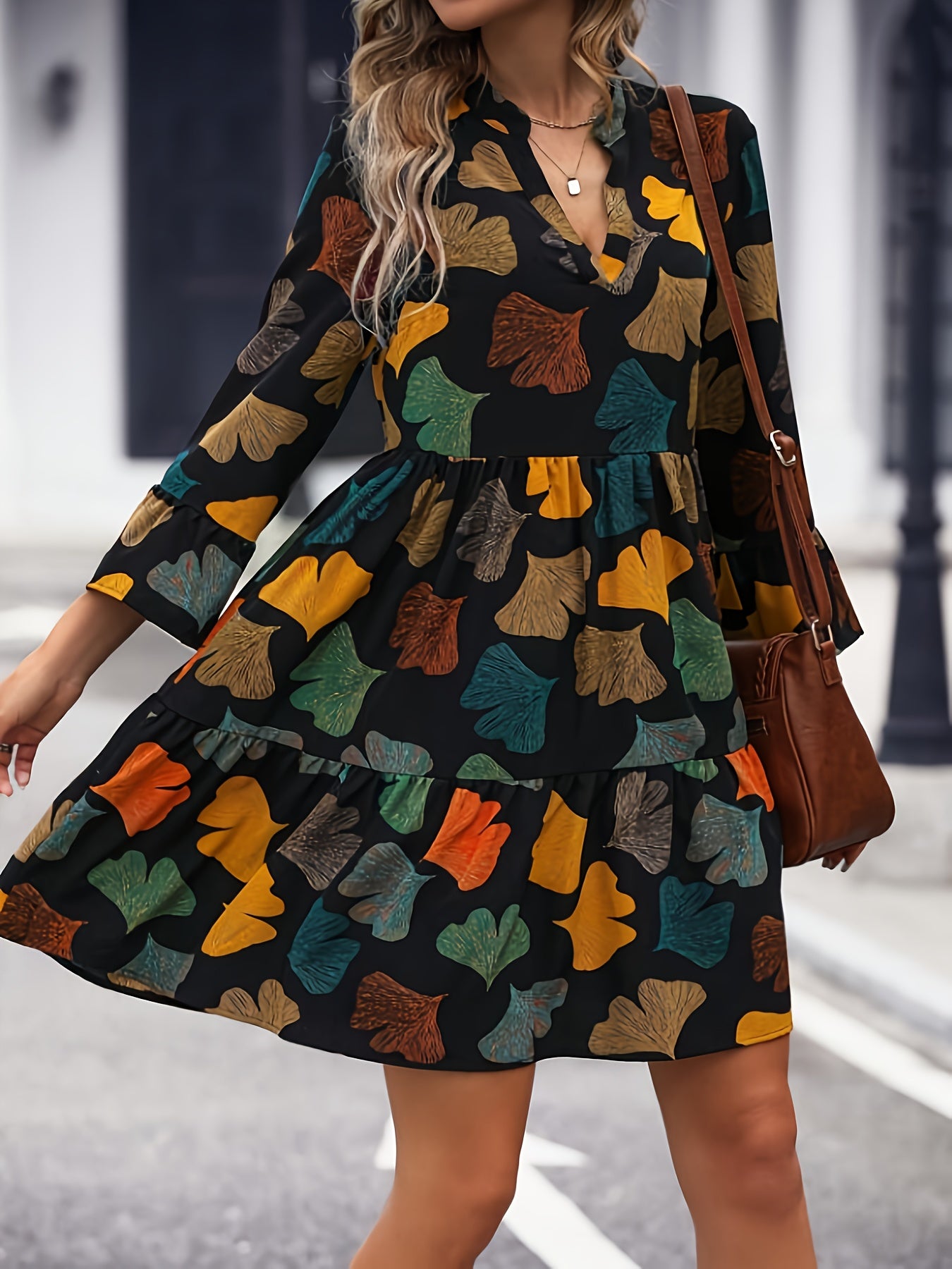 vlovelaw  Colorful Leaf Print V Neck Dress, Casual Cinched Waist Long Sleeve Tiered Dress, Women's Clothing