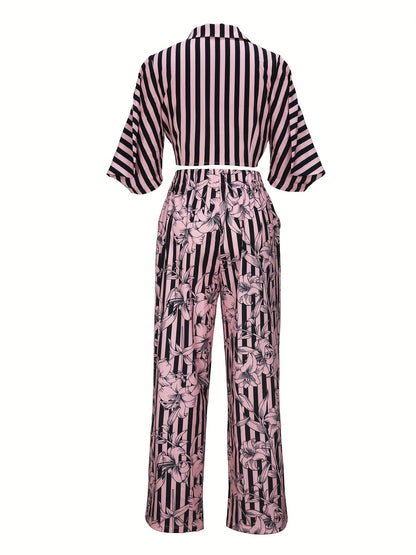 vlovelaw  Striped & Floral Print Causal Pants Set, Lace Up Half Sleeve Collared Top & High Waist Wide Leg Loose Pants Outfits, Women's Clothing