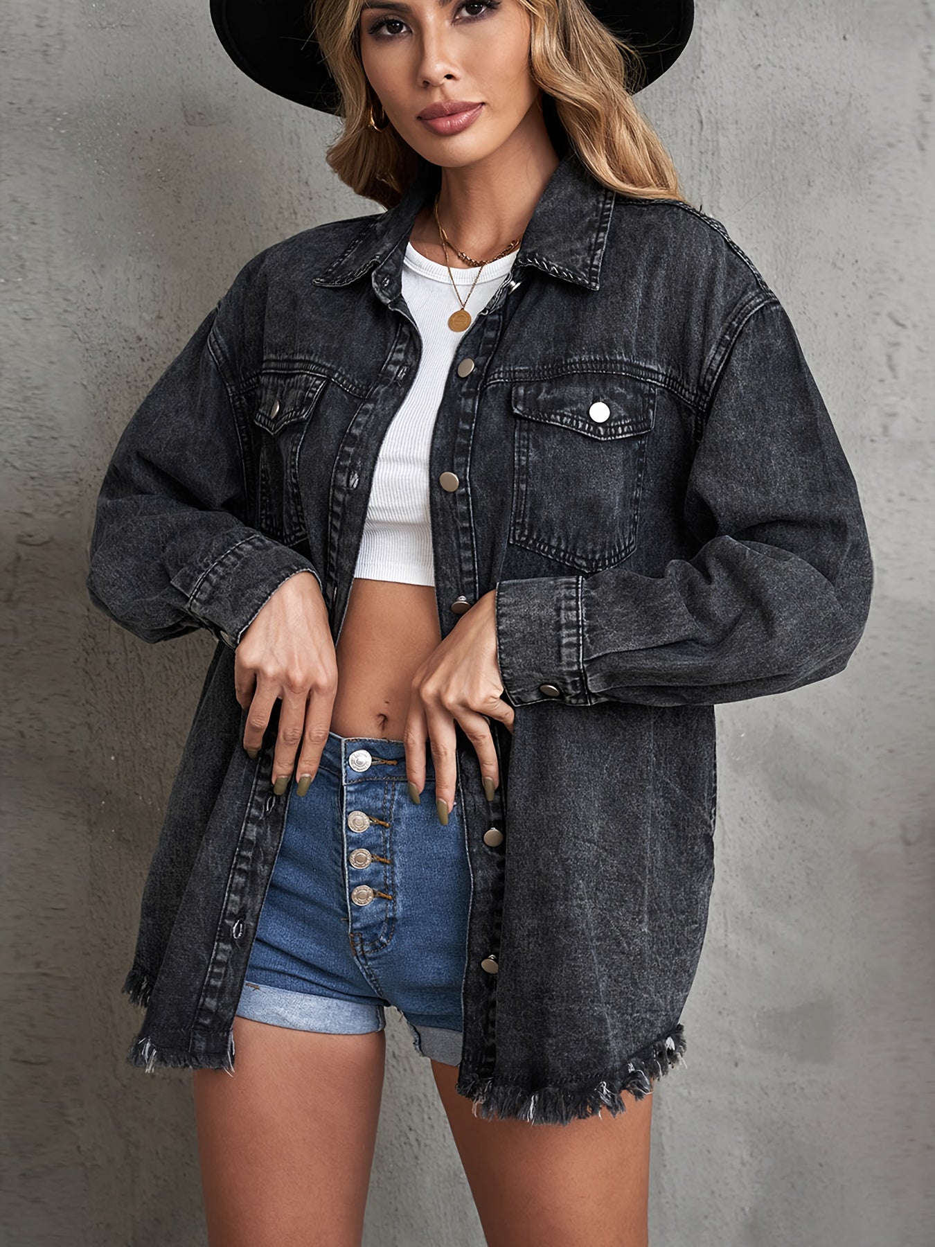 Plain Raw Hem Lapel Denim Coat, Long Sleeves Non-Stretch Denim Jacket, Women's Denim Clothing