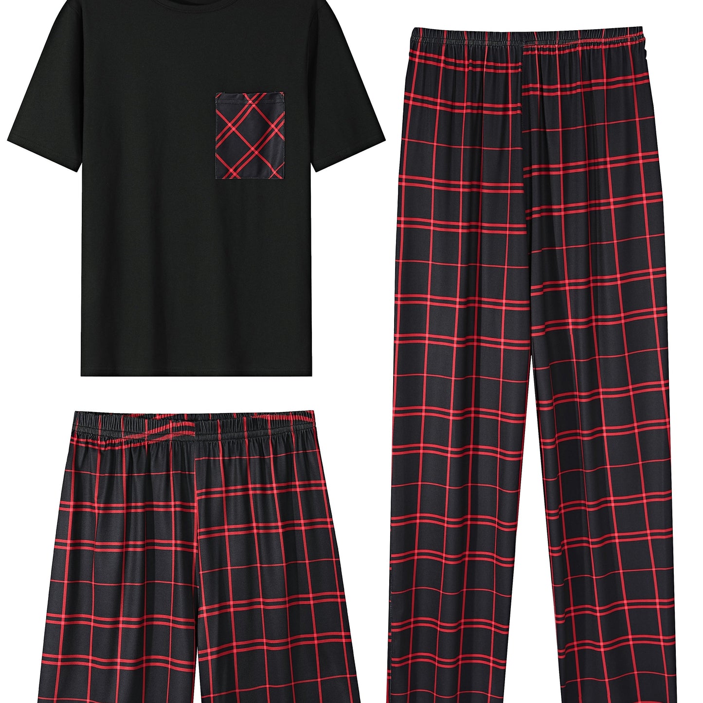 3-Piece Men's Comfort Loungewear Set - Trendy Short Sleeve Crew Neck T-Shirt, Plaid Stretchy Shorts & Pants - Relaxed Elastic Waistband - Casual Home Wear