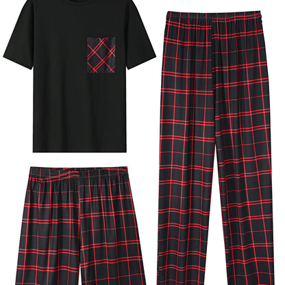 3-Piece Men's Comfort Loungewear Set - Trendy Short Sleeve Crew Neck T-Shirt, Plaid Stretchy Shorts & Pants - Relaxed Elastic Waistband - Casual Home Wear