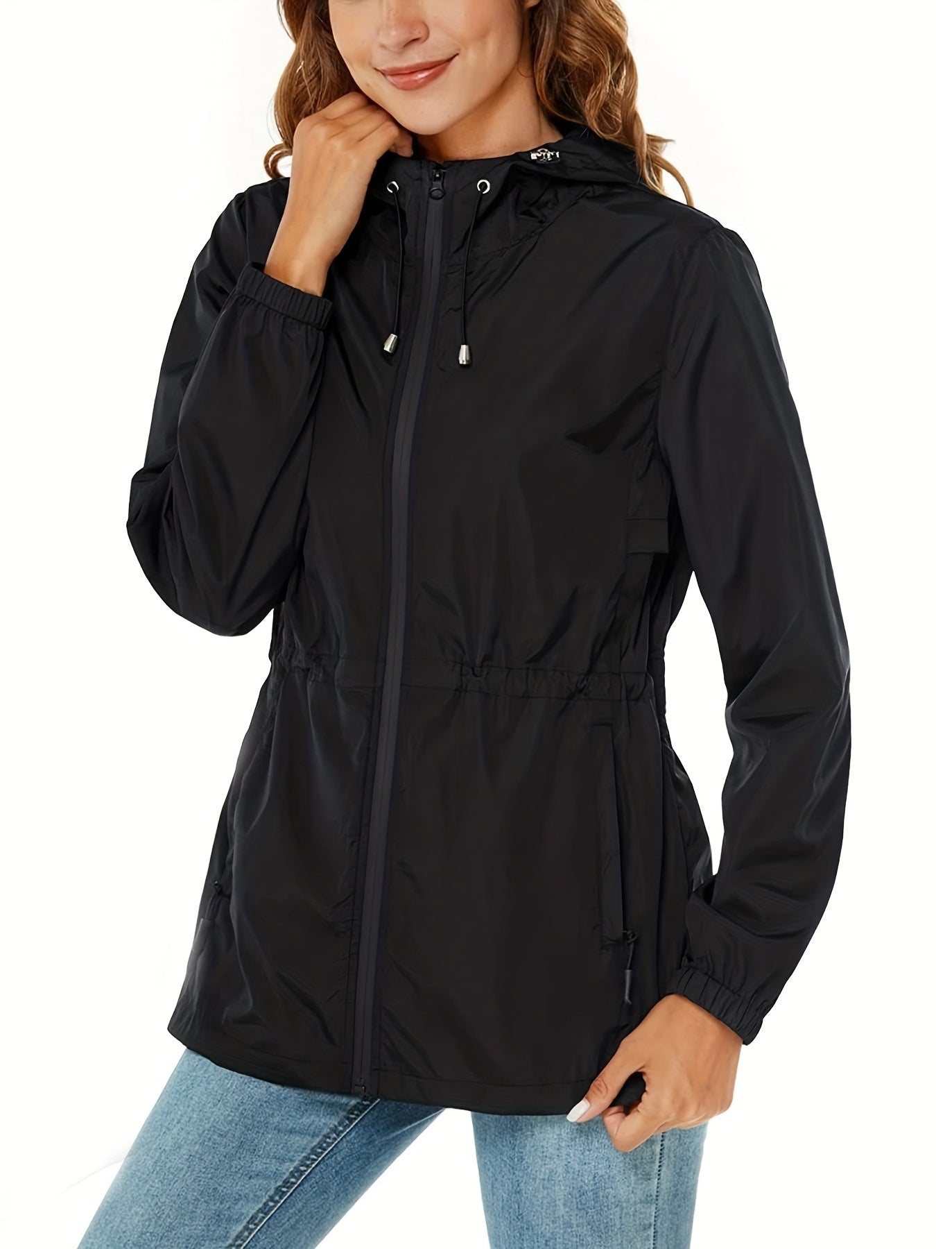 vlovelaw  Drawstring Hooded Jacket, Casual Zip Up Long Sleeve Solid Outerwear, Women's Clothing