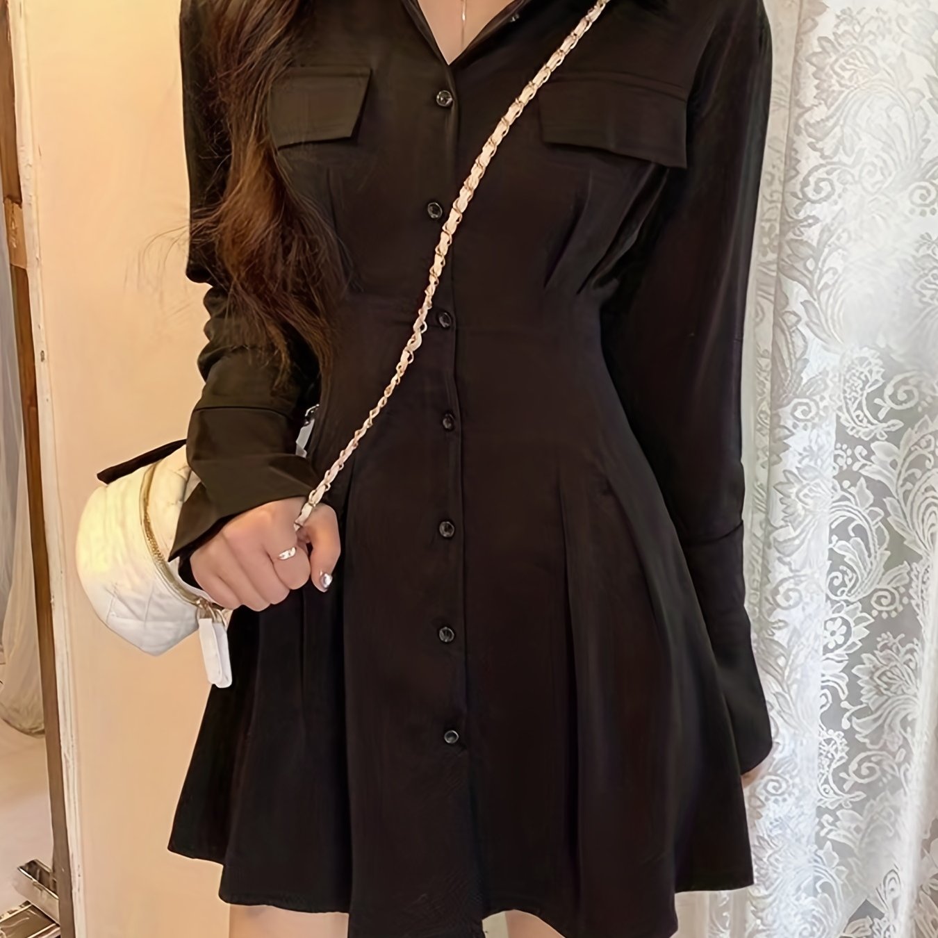 vlovelaw  Button Front Tucked Dress, Casual Solid Long Sleeve Collared Shirt Dress, Women's Clothing