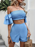 vlovelaw  Elegant Solid Two-piece Shorts Set, Off Shoulder Shirred Short Sleeve Tube Top & Skinny Zipper Back Shorts Outfits, Women's Clothing