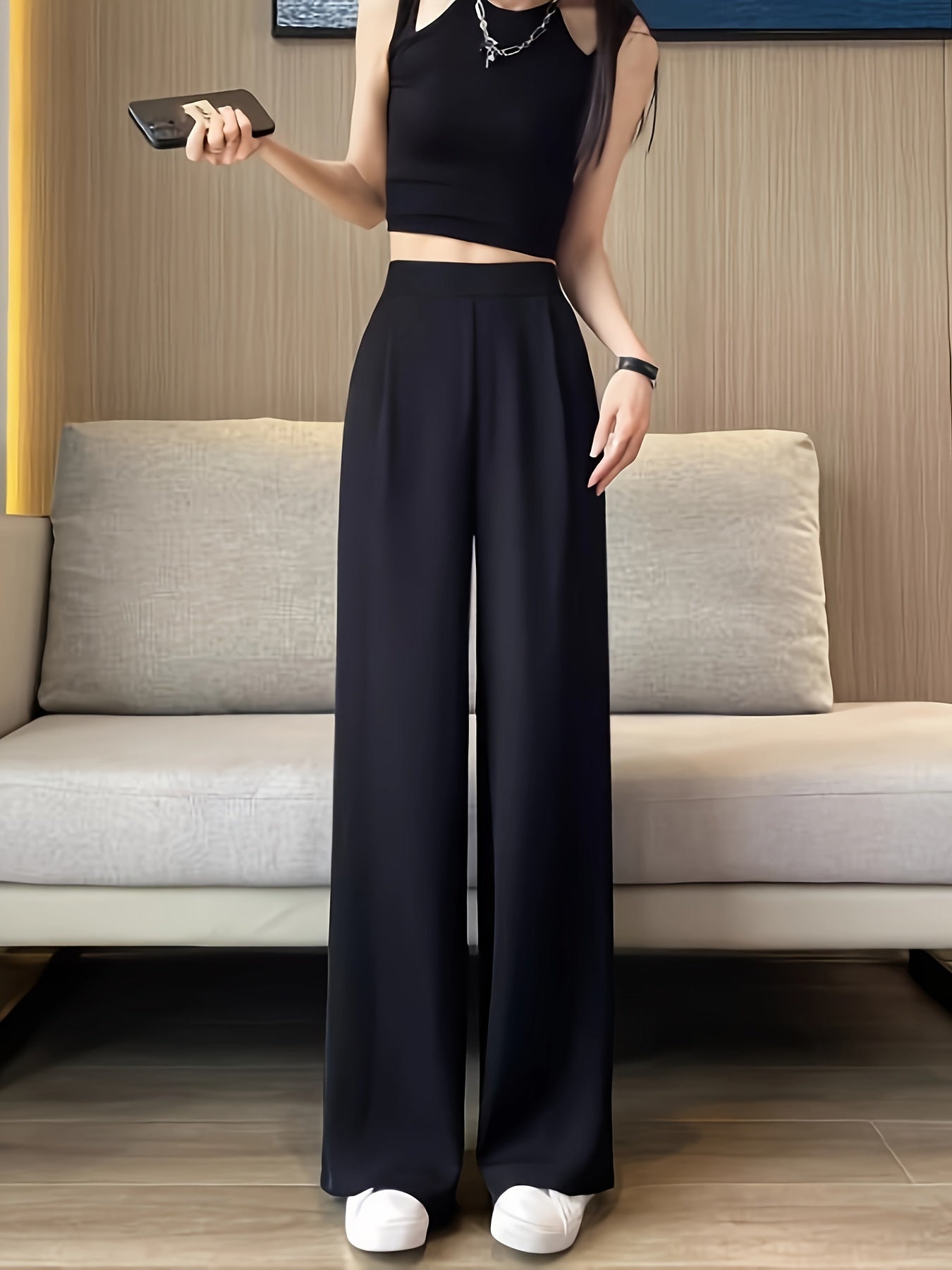 Solid High Waist Pants, Casual Straight Leg Pants, Women's Clothing